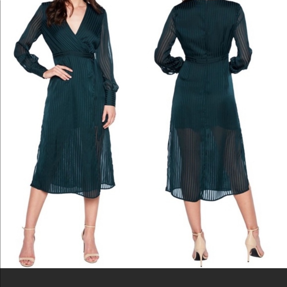 Bardot shadow stripe faux wrap midi dress green